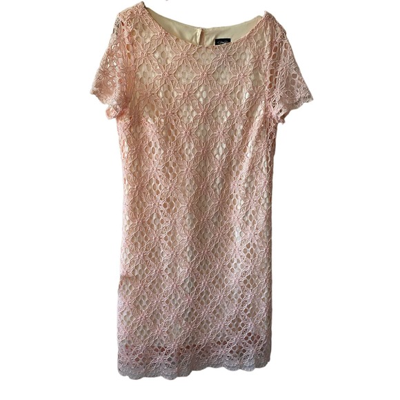 JAX Short Sleeve Dress Peachy Pink Lace over Cream Scalloped Hem Size 12